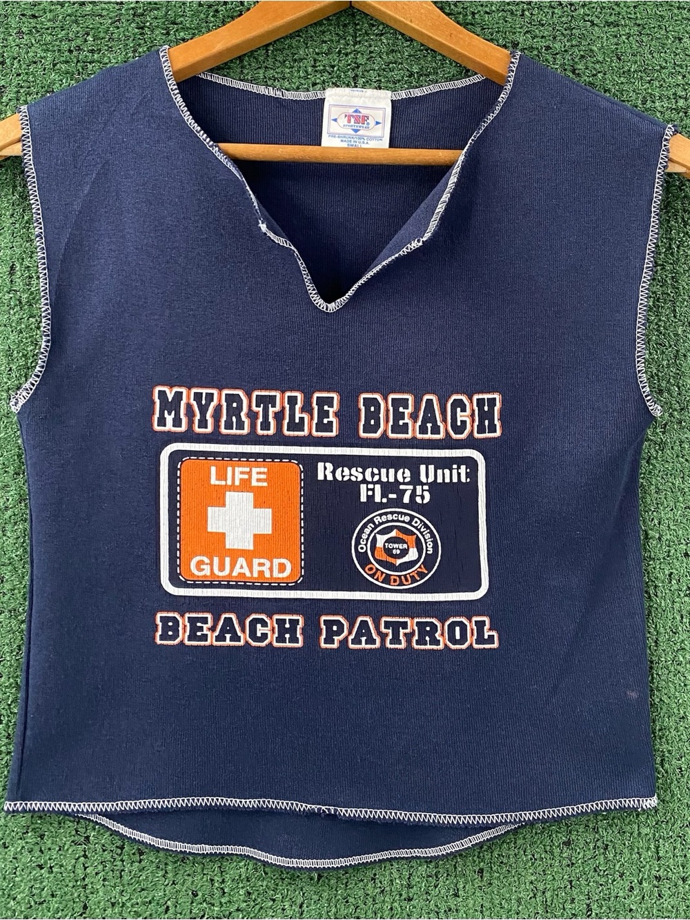 Vintage 90’s Myrtle Beach Life Guard Beach Patrol Navy Cropped T-Shirt Womens XS